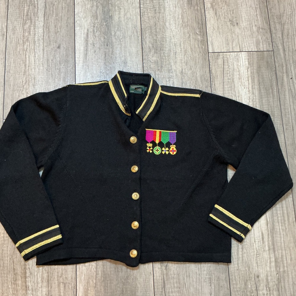 Vintage Military‎ Style Cardigan Black Gold Trim Embroidered Medals L Large